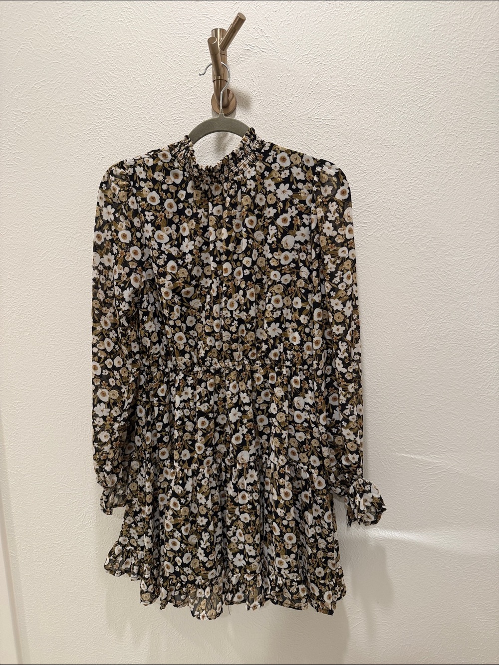 Floral High-Neck Long Sleeve Mini Dress - Black & Cream (Lined)